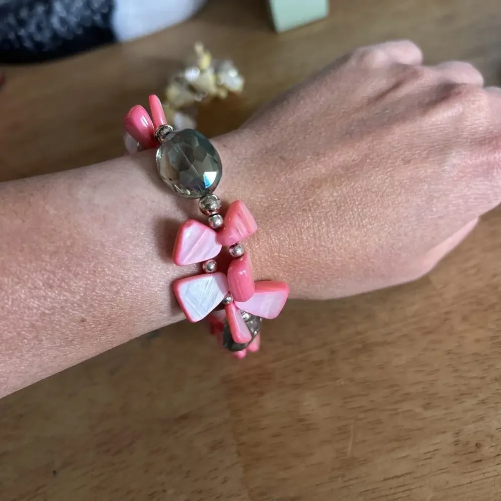VTG Pink, Blue & Cream Shell Stretch Bracelet Beaded Lot Of 3
